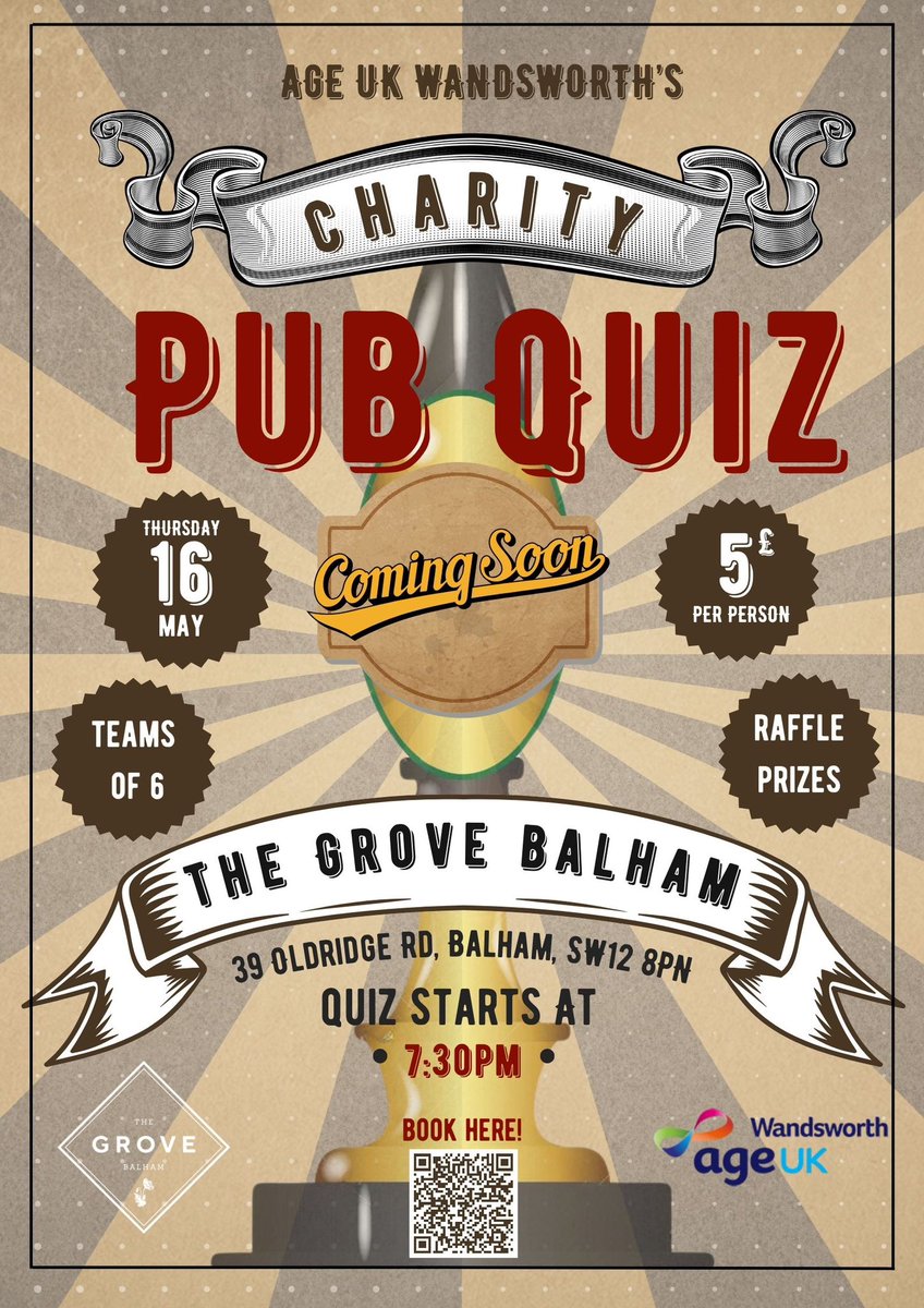 Support <a href="/AgeUKWandsworth/">Age UK Wandsworth</a> at their fun Charity Quiz Night on Thurs 16 May 7:30 to 10pm at <a href="/TheGroveBalham/">The Grove</a> 

Ticket are just  £5 - Prizes to be announced... You wont want to miss it!