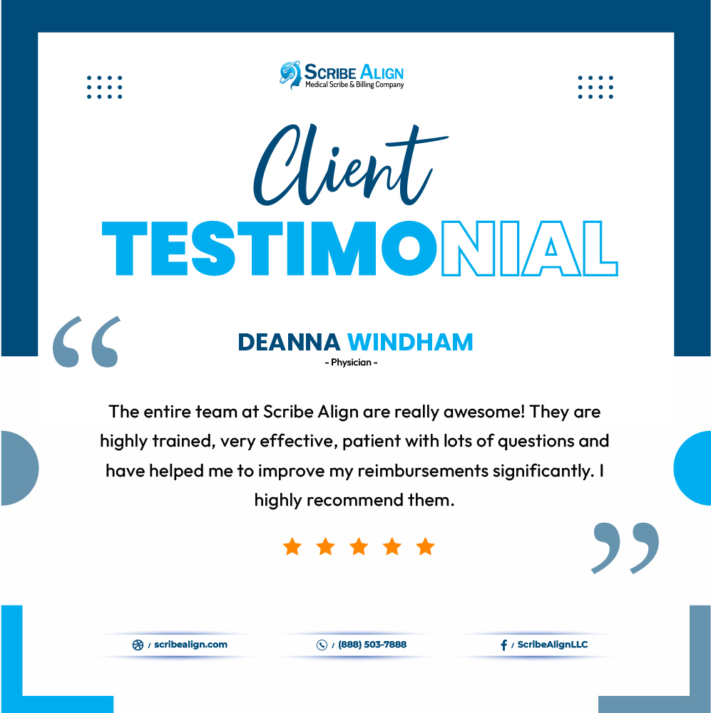 𝗗𝗲𝗮𝗻𝗻𝗮 𝗪𝗶𝗻𝗱𝗵𝗮𝗺 raves about our exceptional team at 𝗦𝗰𝗿𝗶𝗯𝗲 𝗔𝗹𝗶𝗴𝗻!Highly trained, effective, and patient, they've made a significant impact on improving reimbursements. A strong recommendation from a satisfied client!
#ScribeAlign #AwesomeTeam