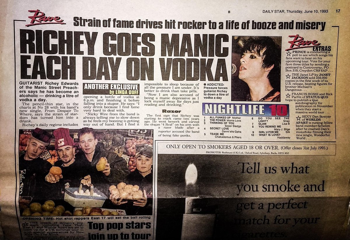 Daily Star, June the 10th, 1993.
Courtesy of @revolbiscuit.

#RicheyEdwards #RicheyManic #RicheyJames #RicheyJamesEdwards #PainfullyBeautiful #DailyStar #Nineties #Tabloids #Vodka #Manic #Manics #ManicStreetPreachers #Vintage #Newspaper #Clippings