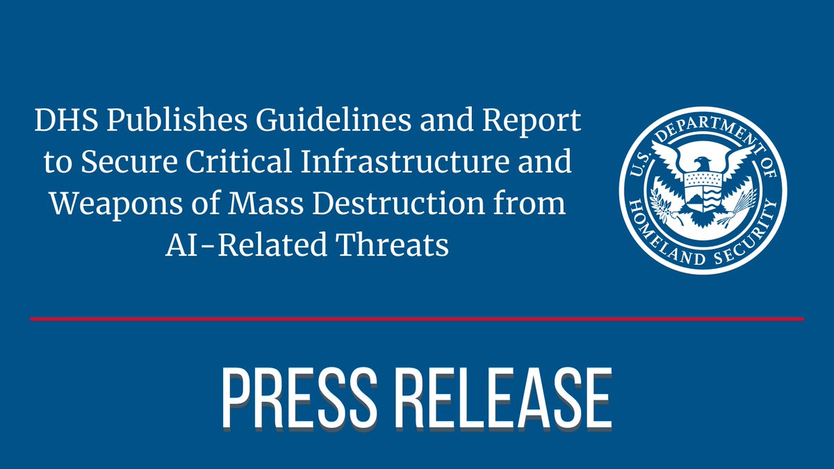 NEW: Today, DHS unveils new resources to address threats posed by AI, marking 180 days since @POTUS’s Executive Order, “Safe, Secure, and Trustworthy Development and Use of Artificial Intelligence.' Read more ⤵️ dhs.gov/news/2024/04/2…