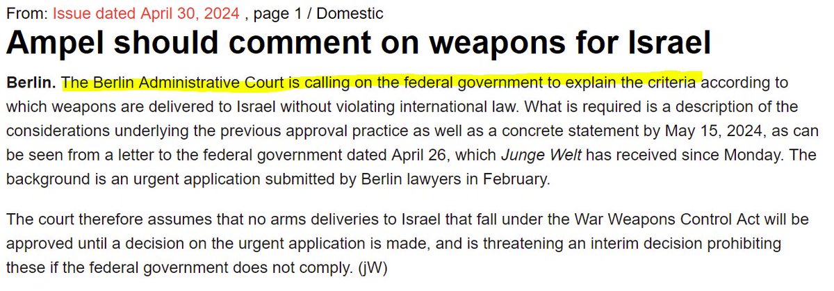 Until now, the German government claimed it uses strict criteria for its arms exports to Israel to insure they are not used for genocide (below). But never named the 'criteria' NOW a German court has DEMANDED they explain the 'critieria' for this claim! jungewelt.de/artikel/474419…