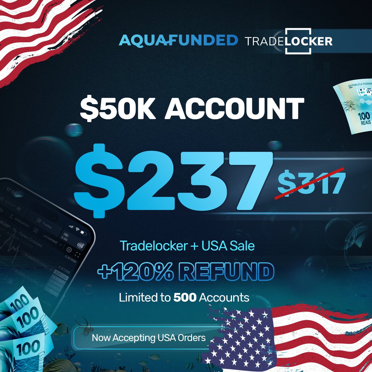 AquaFunded's tweet photo. $50k ACCOUNT FOR ONLY $237
https://t.co/ih5ZopFvF9

TRADELOCKER IS LIVE 🎉

Limited Time SALE! ⏳
Exclusive 25% OFF Discount

💙 120% Refund
💙 90% Profit Split https://t.co/X2dJPzFytc