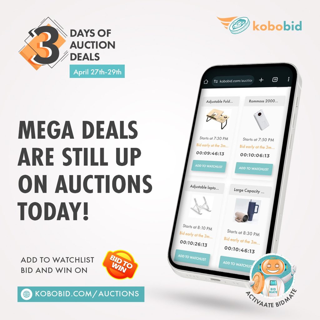 Mega deals are still up on auctions today! Go to kobobid.com/auctions now to add your favourite items to watchlist.