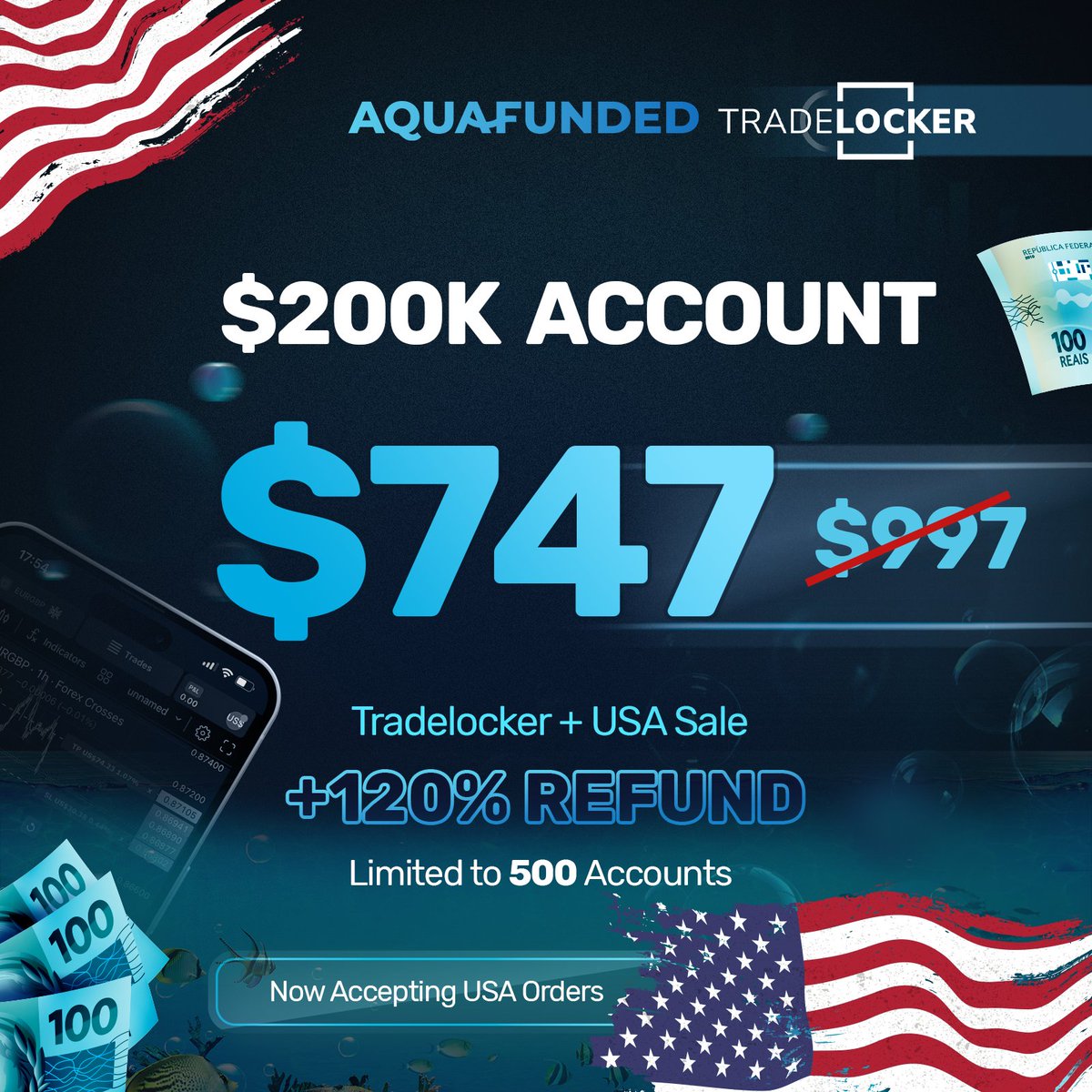 $200k ACCOUNT FOR ONLY $747 aquafunded.com/?el=x TRADELOCKER IS LIVE 🎉 Limited Time SALE! ⏳ Exclusive 25% OFF Discount 💙 120% Refund 💙 90% Profit Split