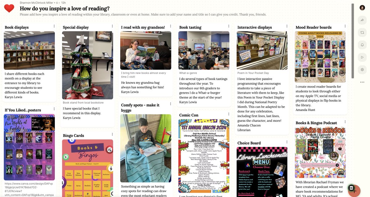 Friends, how do you inspire a love of reading?📚 

Please add your work and ideas to this Padlet. 

We would LOVE to see how you inspire a love of reading within your library, classrooms, and at home too. 

Thank you.❤️

 buff.ly/4bgwnmg

#tlchat #futurereadylibs #edchat…