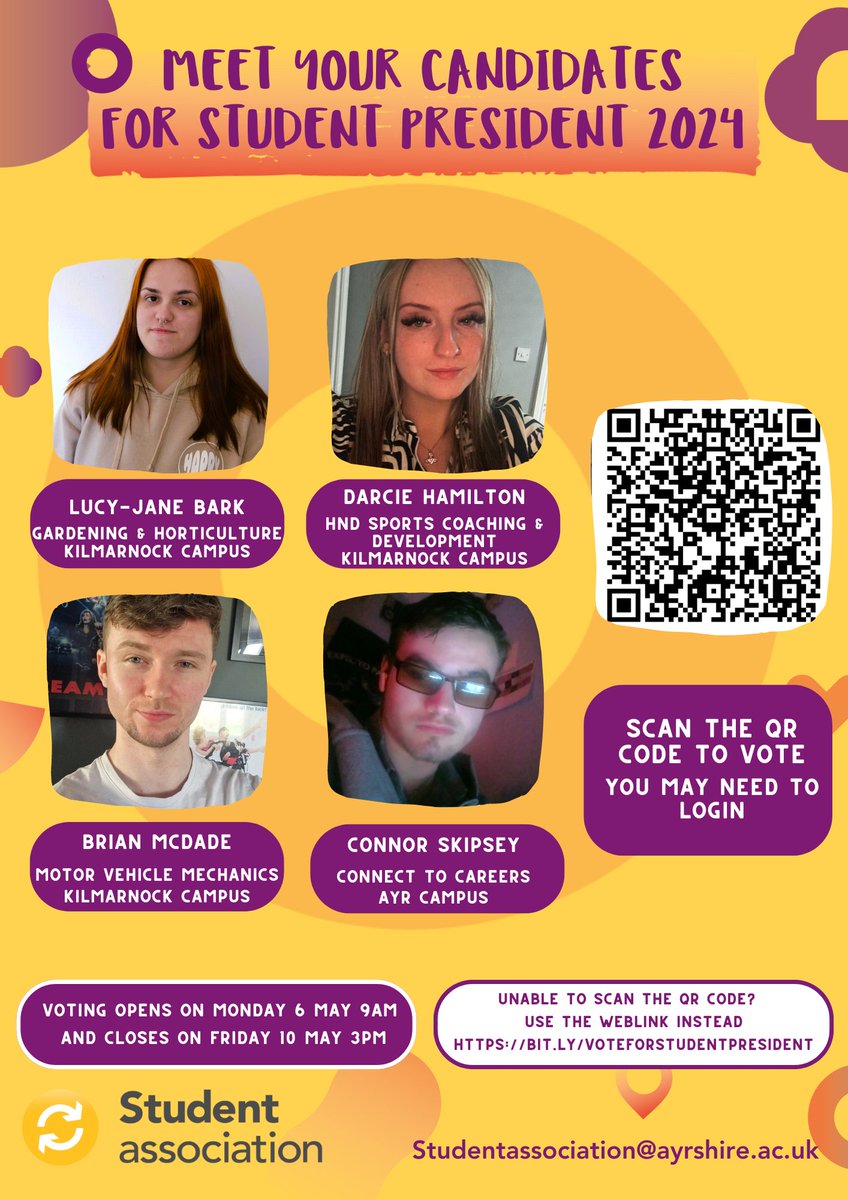 We'd like to introduce this year's candidates for the 2024 Ayrshire College Student President ⬇️⬇️⬇️ We'll be sharing their manifestos with you all week, don't forget to check out our displays on campus and if you see them about, don't be shy, pop over and say hello 👋