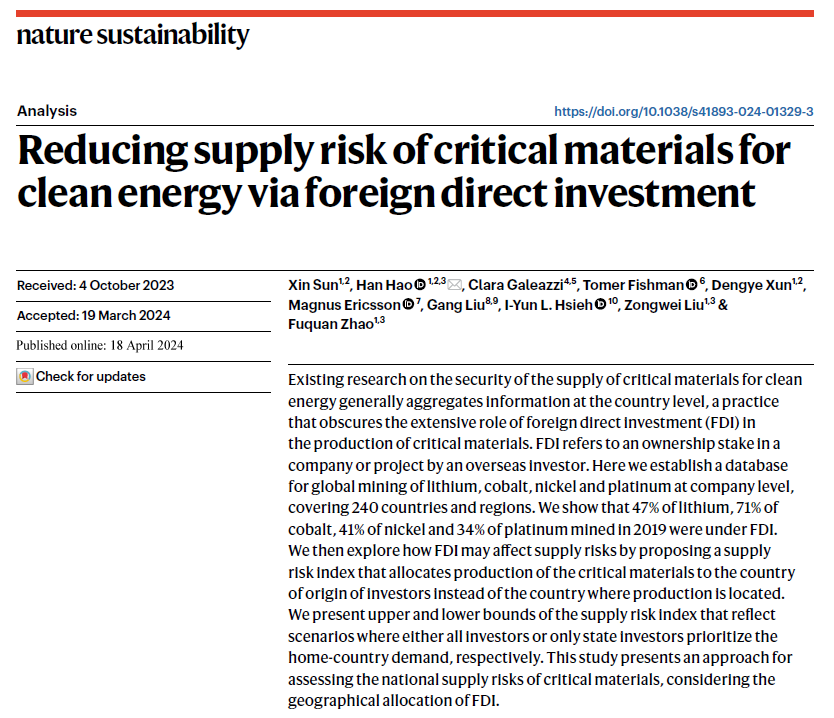 We've heard plenty on the supply risk for #criticalmaterials. It can help to view the data and topic in different ways. In this new paper, we reconsider by taking into account FDI for #lithium #cobalt, #platinum, and #nickel. Visit here: lnkd.in/d8qtruCX