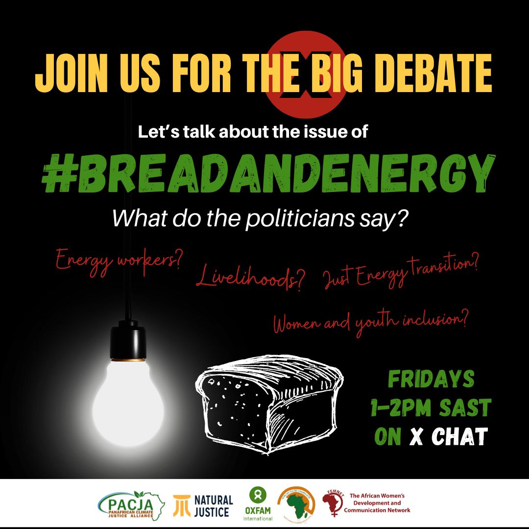 This Friday, we invite political parties in SA to an X Chat to talk about their plans for the #justenergytransition & #breadandenergy. Will you join us? @MYANC @EFFSouthAfrica @Our_DA @IFP_Indlovu @IFP_KZN @MkhontoweSizwex @ForGoodZA @Action4SA @Rise_Mzansi @BuildOneSA