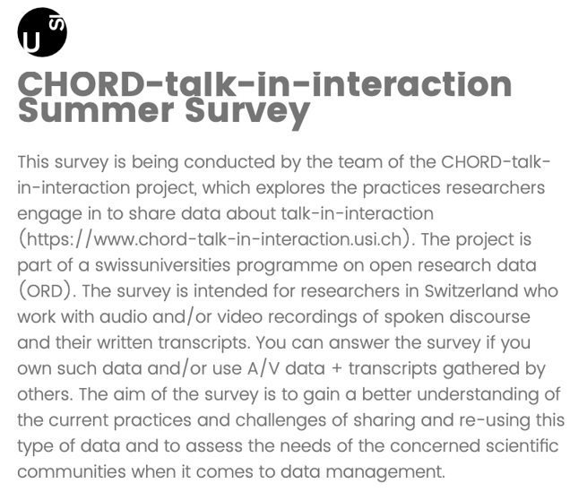 Are you a researcher or student based in CH who works with audio🎧 and/or video📹 recorded and transcribed 📑 data? If so, we would be interested in your experience with managing and re-using this type of research data. Fill out our #CHORDSummerSurvey: 
📌tinyurl.com/tc4ddy33