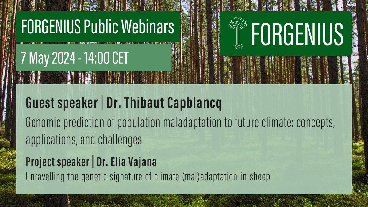 📝Have you registered yet?
Join #FORGENIUS public webinar 4⃣ for a discussion on intraspecific adaptive variation in species and the importance of integrating #genomic data for #ClimateChange predictions🌍🌡️

🗓️ 7 May | 🕑14:00 CEST

Don't miss out!👉forgenius.eu/webinars