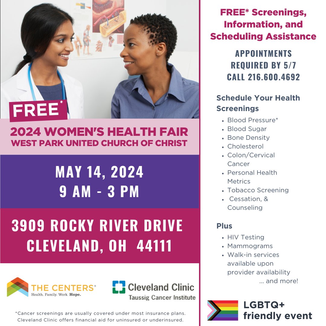 Join us for our Spring 2024 Women’s Health Fair at West Park United COC (across from our West office) on Tues, May 14, 9-3! Make your appointment today for a FREE* Mammogram & other health screenings by calling 216-600-4692 or fill out our form online at: thecentersohio.org/services/women…