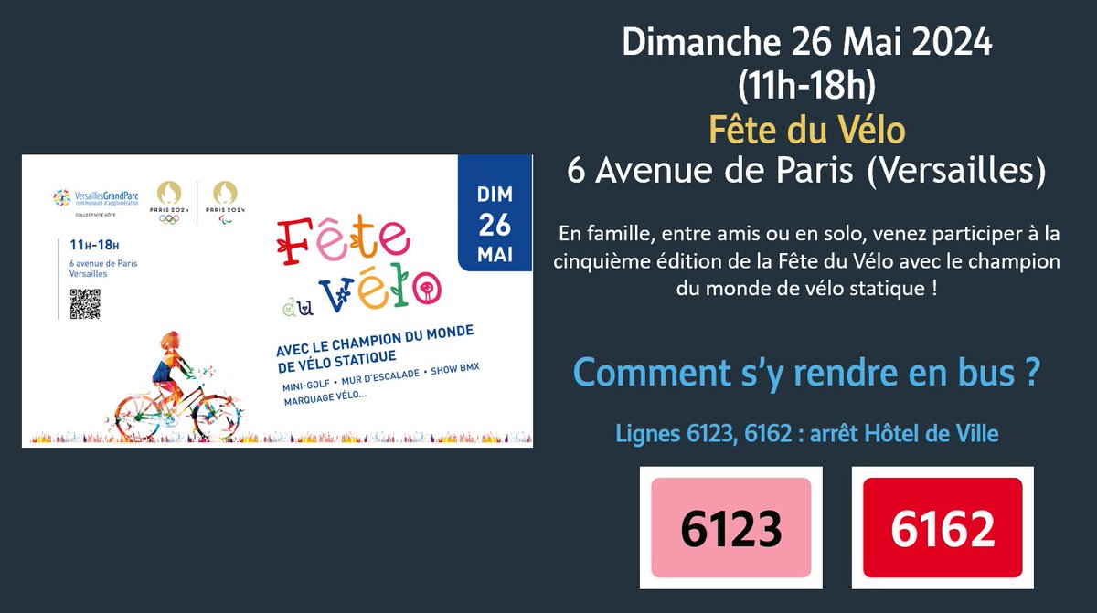 Vélizy Vallées (@velizyval_idfm) on Twitter photo 🚲La #fêteduvelo organisé par <a href="/AggloVGP/">Versailles GrandParc</a> vous attend le dimanche 26 mai de 11h à 18h!
#onvousydepose avec les lignes 6123 et 6162! 🚲La #fêteduvelo organisé par <a href="/AggloVGP/">Versailles GrandParc</a> vous attend le dimanche 26 mai de 11h à 18h!
#onvousydepose avec les lignes 6123 et 6162!