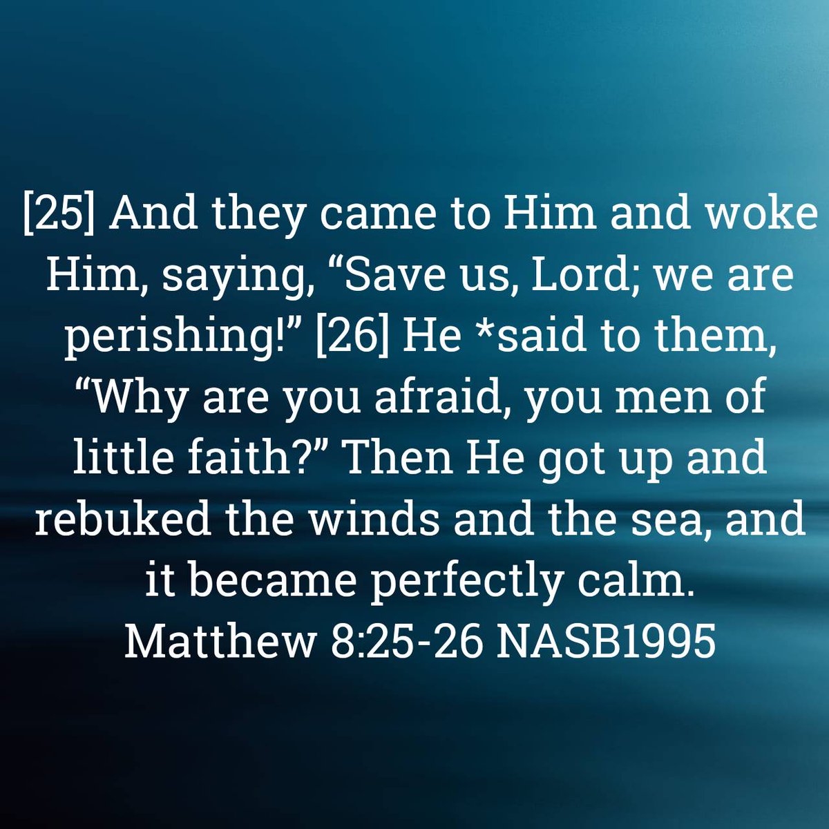 And they came to Him and woke Him, saying, “Save us, Lord; we are perishing!” [26] He *said to them, “Why are you afraid, you men of little faith?” Then He got up and rebuked the winds and the sea, and it became perfectly calm. Matthew 8:25-26 NASB bible.com/bible/100/mat.…