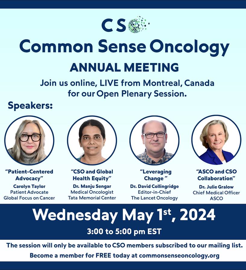 #CommonSenseOncology is a global initiative that encourages an approach that is more patient centred and prioritises equitable #cancercare. Their annual meeting includes an open plenary session. Registration link: zoom.us/webinar/regist…