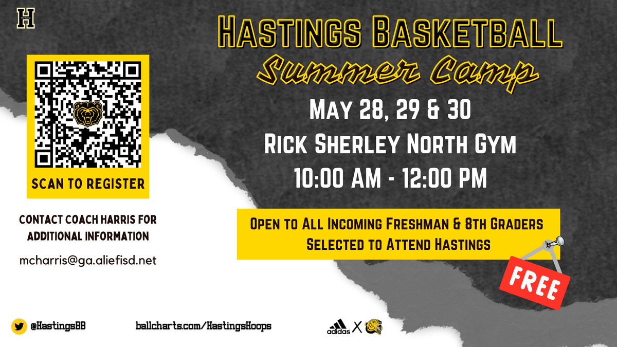 🏀Hastings Basketball Camp🆓🆓🆓 🗓️May 28, 29 & 30 🕙10:00 AM-12:00 PM 📍Rick Sherley North Gym 🐻Open to ALL incoming 9th & 8th Grade Boys selected to attend Hastings 🚨Register by scanning QR code or clicking link rb.gy/3ojt0 @AliefISD @Alief_Athletics