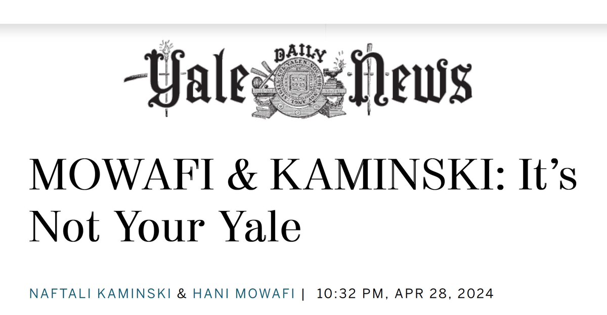 Our #ItsNotYourYale op-ed is FINALLY out! As Israeli- and Arab-American @Yale faculty members, we describe our views of pro-Palestinian student protests & divestment encampments. We based our statements on our own experience. yaledailynews.com/blog/2024/04/2…