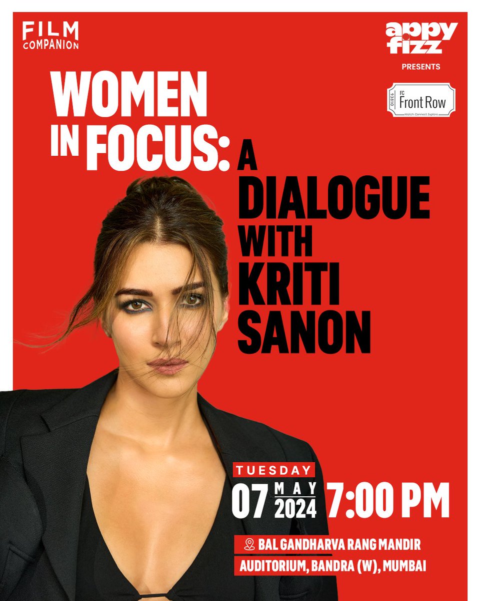 Up next on #FCFrontRow, we welcome @kritisanon. The actor in conversation with @anupamachopra will talk about her cinematic journey, her unique choice of roles and how they empower women on-screen. In collaboration with #AppyFizz, catch the actor Live on 7th May 2023 at Bal