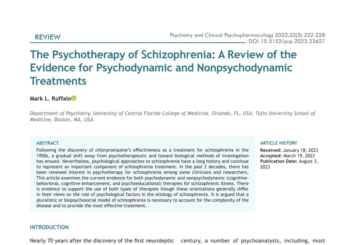 In this recent paper in Psychiatry and Clinical Psychopharmacology, I review the psychotherapy of schizophrenia, including psychodynamic approaches, which I contend are effective and significantly underutilized forms of treatment. psychiatry-psychopharmacology.com/en/the-psychot…