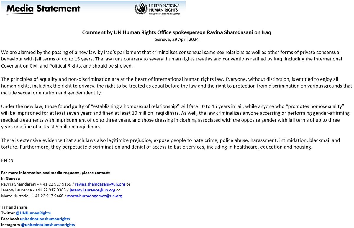 UNAMI: Safeguarding the fundamental freedoms of all does not mean promoting any specific private behaviour or disrespecting any culture or religion. It is rather the hallmark of any society based on tolerance and respect for human rights. UN Human Rights: tinyurl.com/yma8dput