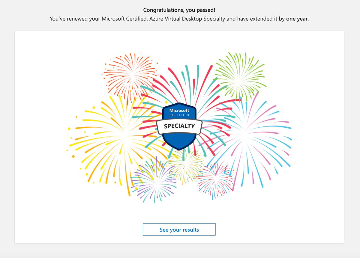 Microsoft Certified Azure Virtual Desktop certification renewed for another year ✅ 

#AVD #Azure #AzureLearning #CloudOps #MicrosoftCertifications #MicrosoftRenewals