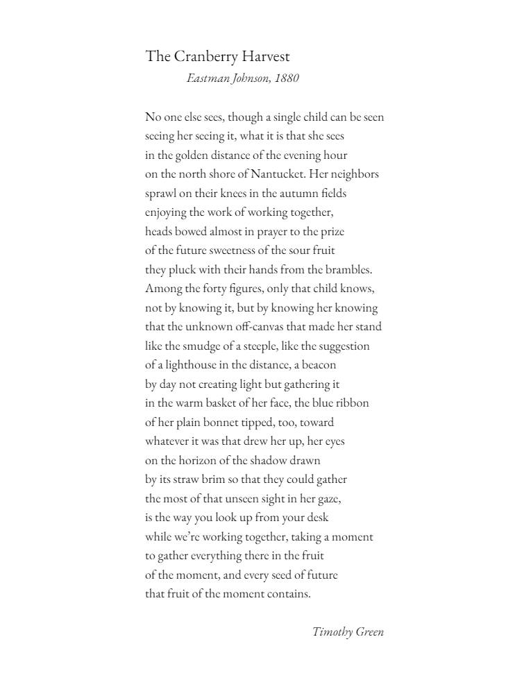 This week's Rattlecast prompt was to write an ekphrastic poem about your favorite painting. I'm not sure which is my favorite painting, but Katie Dozier and I came across Eastman Johnson's The Cranberry Harvest at a museum last year, and I found it strangely arresting. 1/4