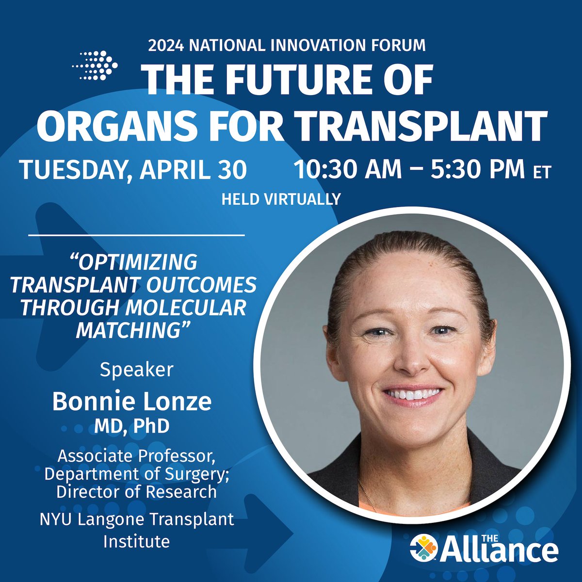 🌟 Join us tomorrow to hear from Dr. Bonnie Lonze, Director of Research at @nyulangone Transplant Institute, as she discusses 'Optimizing Transplant Outcomes Through Molecular Matching.' Don't miss out—register now! bit.ly/3vRPp3d #TransplantMedicine 💡