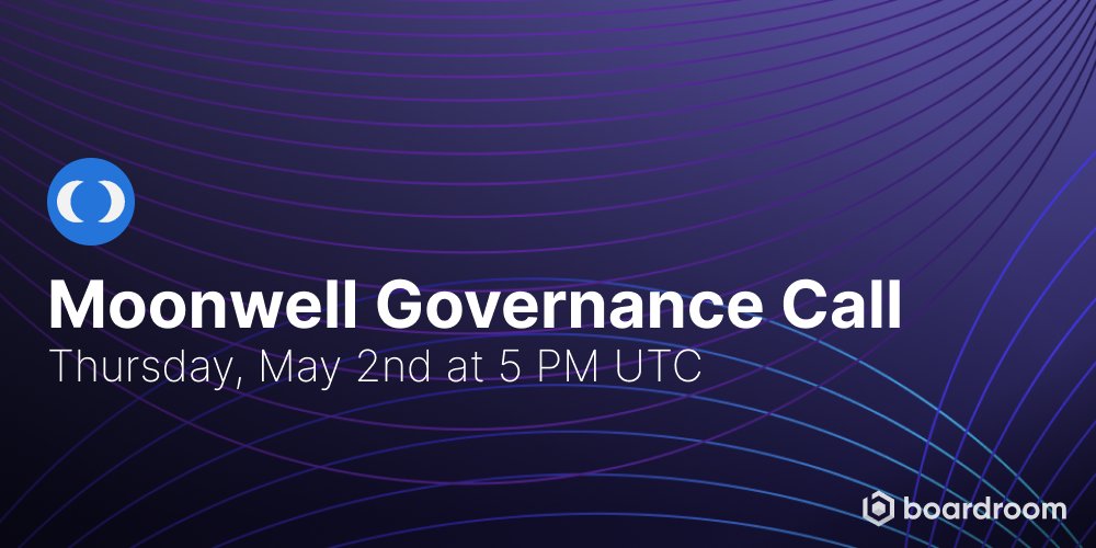 ☎️ Join us this Thursday at 5pm UTC for the Moonwell Governance Call, hosted by Boardroom.io. We'll be joined by @gauntlet_xyz and @SolidityLab to discuss risk, FRAX liquidity, and more.