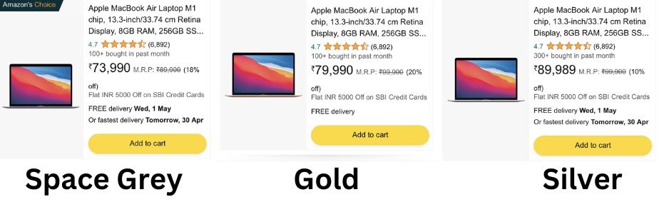 MacBook Air M1 8GB RAM 256GB SSD 🚨

Space Grey : 73,990
Gold : 79,990
Silver : 89,989

Same specification, same design but still there is price difference due to colour

#TeamBehal family if you had to choose one, which one would you choose? 

1) Space Grey 
2) Gold 
3) Silver