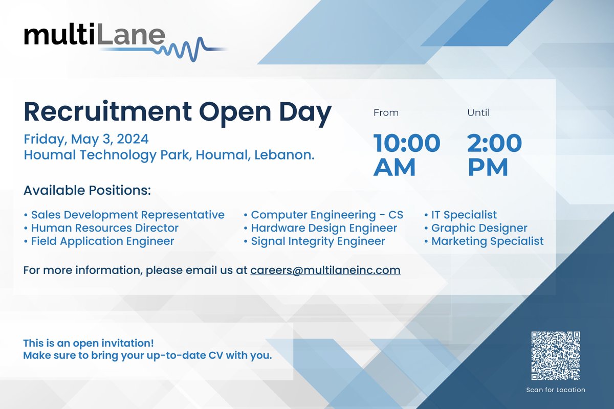 Join us for an open day on May 3rd 2024 from 10 am to 2 pm where we will be looking for candidates to fill several positions on our main campus Houmal Technology Park.

#Lebanon #LebanonJobs #EngineeringJobs #LebanonEngineering #Careers #LebanonCareers