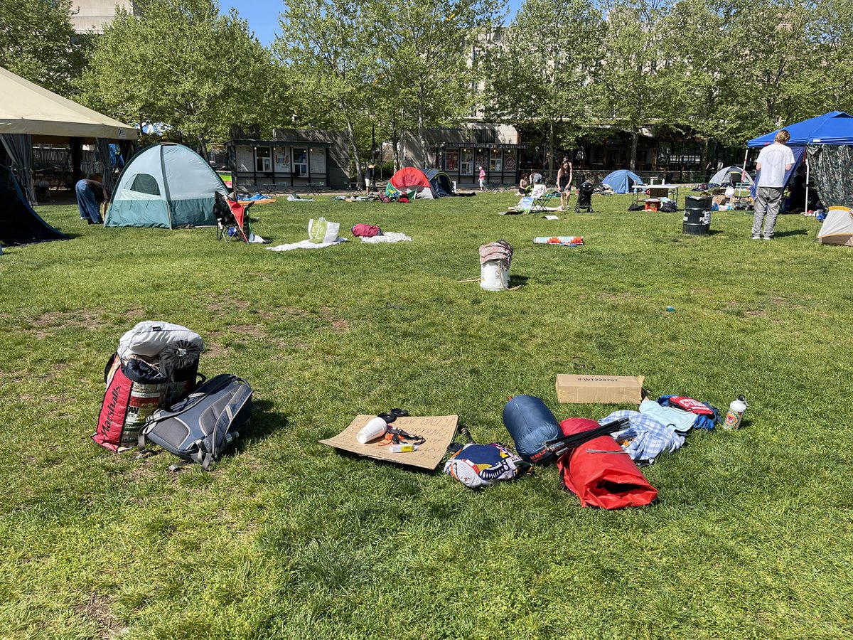 Class of 2024 balloons can be seen hanging from the tents at the pro-Palestine encampment in Pittsburgh. Many participants are Pitt students, and some are now graduates. Roughly 16 tents are still set up — and some are being taken down @TribLIVE