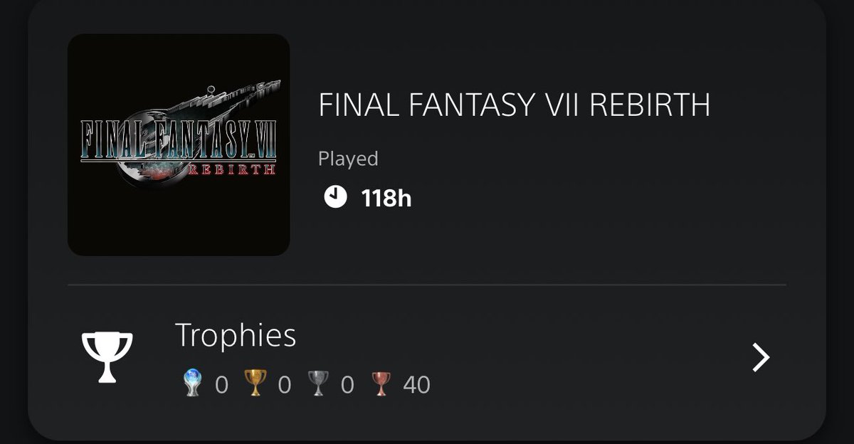 After 118 hours, I finally beat #FF7R and goddamn I loved it. The ONLY critique I have for it is that it felt very long in the tooth. I’m gonna go back at a later time and do some trophy clean ups, but I want to play something different for a while.