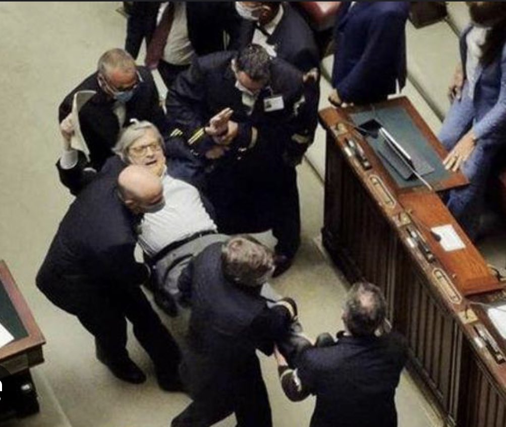 Not limited to Italian television. This is Vittorio Sgarbi, the famous intellectual and art critic, being forcibly expelled from the Senate. Sometimes I feel relieved to live in this country. Always acting stoic can be exhausting.