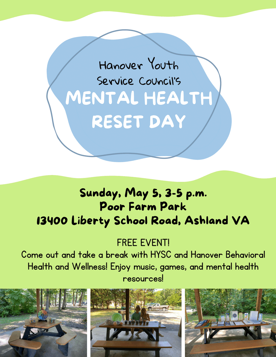 Mark your calendars for a day of relaxation and rejuvenation! 🌿

Join Hanover Youth Service Council and Hanover Behavioral Health and Wellness for their Mental Health Reset Day at Poor Farm Park from 3 to 5 p.m. on Sunday, May 5.🌳💚  

#HanoverVA