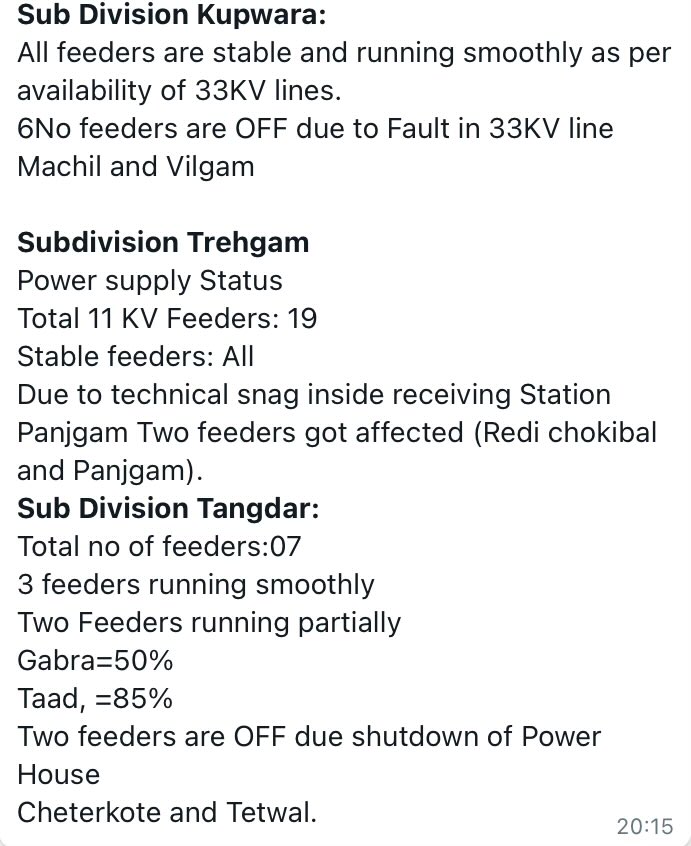 #Update
Feeder status 👇🏻of all Electric Subdivisions of #KPDCL Electric Division Kupwara: Er. Mir Shahnawaz, Ex. Engineer, Kupwara
@diprjk @OfficeOfLGJandK @MinOfPower