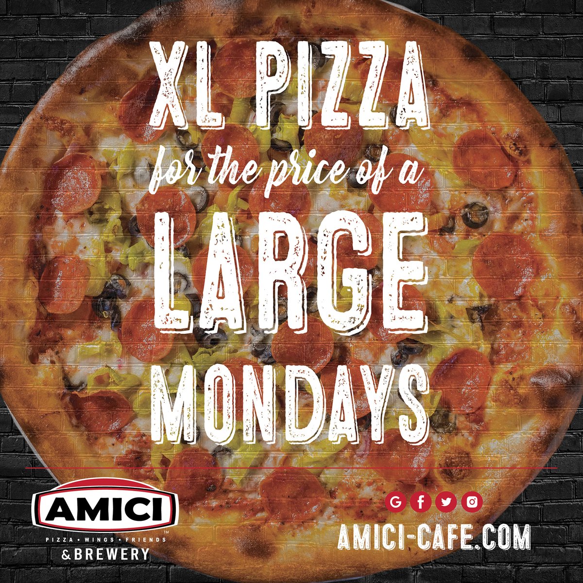 Start your week with a slice of happiness! Join us at #Amici every Monday and upgrade your pizza game with an XL pie for the cost of a large. Treat yourself because Mondays deserve a delicious twist! 🍕😋 

#XLDeal #PizzaPerfection #AmiciMondays #pizzaparty #foodie