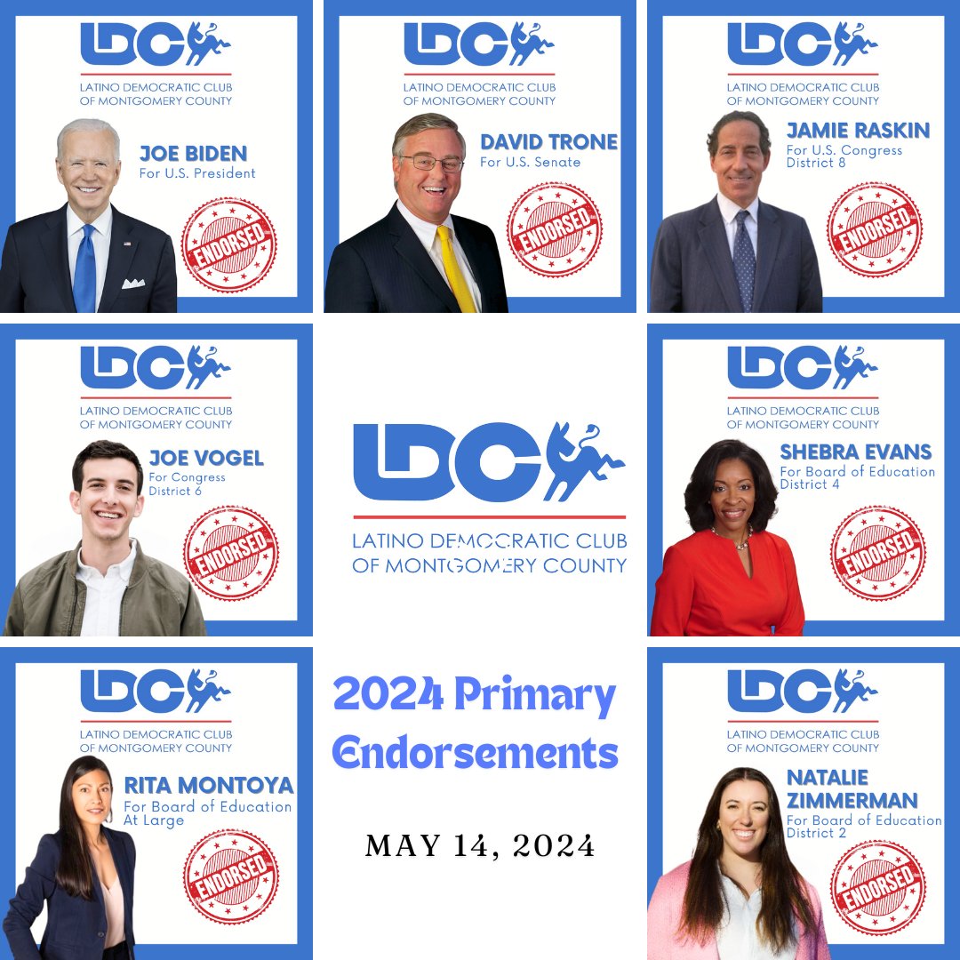 Latino Democratic Club of Montgomery County Announces Endorsements for Primary Elections on May 14th, 2024. latinomontgomerydems.org/endorsements @JoeBiden @DavidJTrone @RepRaskin @JoeVogel_ @ZimmermanforBOE #MDPrimaries2024 #MDDemocrats #MDVotes #Primarias2024 #MDVota #MDDemocratas