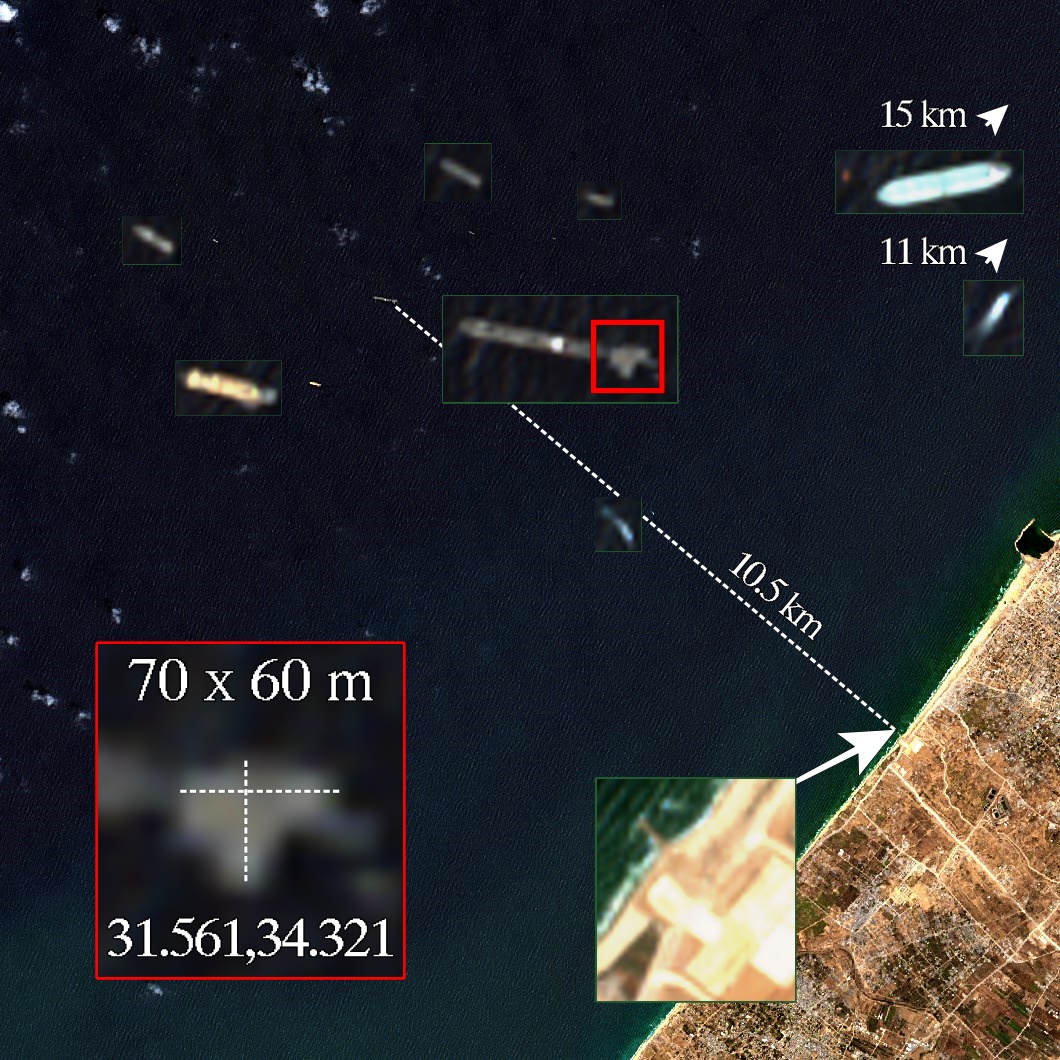 Busy monday TODAY offshore Gaza. Floating structure takes shape, 230x197 ft now beside USNS BENAVIDEZ; 10.5 km from beach. Prob. trident pier tip that will be connected to causeway reaching beach, not large ship floating dock. USAVs + Israel patrol boat nearby. #israelhamaswar