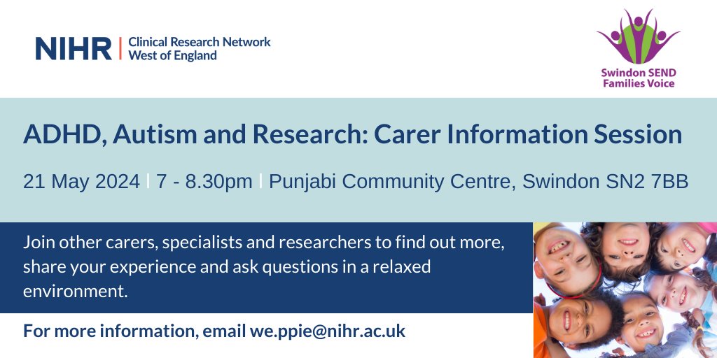 Are you caring for someone with ADHD or Autism? Join us on 21 May where we will talk about: What are ADHD and Autism? What support is available for children and parents? What is the role of research in helping us to understand neurodiversity? For more info: we.ppie@nihr.ac.uk