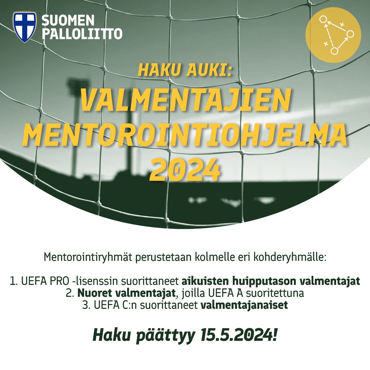 📌 Haku auki valmentajien mentorointiohjelmaan 2024 - mukaan valitaan hakemusten perusteella 13 valmentajaa ⤵️ palloliitto.fi/ajankohtaista/… #SeurojenPalloliitto