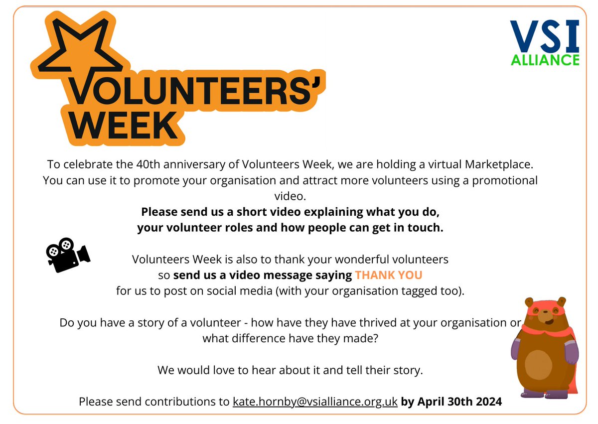 To celebrate the 40th Anniversary of #VolunteersWeek we're hosting a virtual marketplace! 

Send in short videos to 

👏🏽Say THANK YOU to your volunteers
💜Promote your organisation
🙋🏽Promote new volunteering opportunities

Email contributions to kate.hornby@vsialliance.org.uk👇🏽