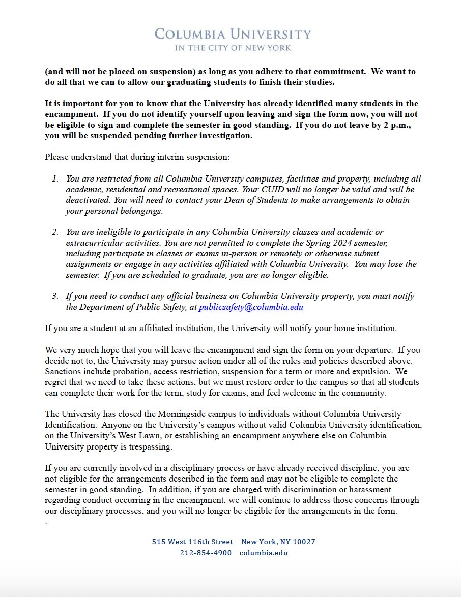 Columbia University has given students a 2pm deadline to leave the encampment and commit to all university policies or face suspension and ineligibility to finish the semester in good standing.