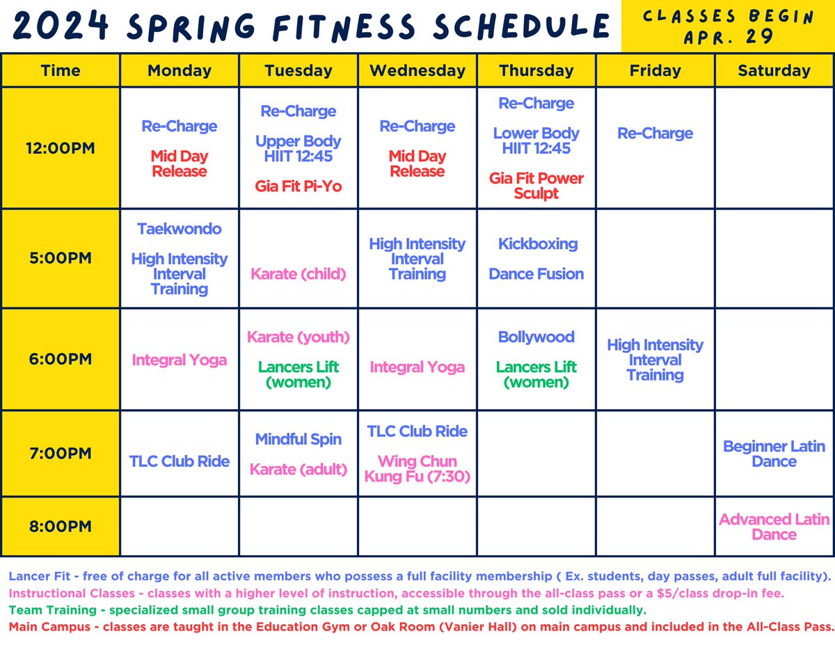 The Spring Fitness schedule is now live! ☀️
Try out any class for FREE from April 29 to May 3rd for our free trial week ❗️ 
Register on our website or the GoLancers app! 

#LancerFitness #LancerRec #SpringFitnessSchedule