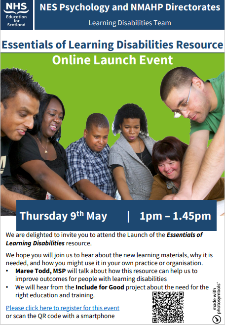 Looking forward to next week's Scottish Learning Disability week when we launch 'Essentials of Learning Disability' on 9th May at 1pm. These e-modules promote inclusivity & provide learners with skills to support people with LD. Sign up for the launch: forms.office.com/e/KwdpXBd1Qi