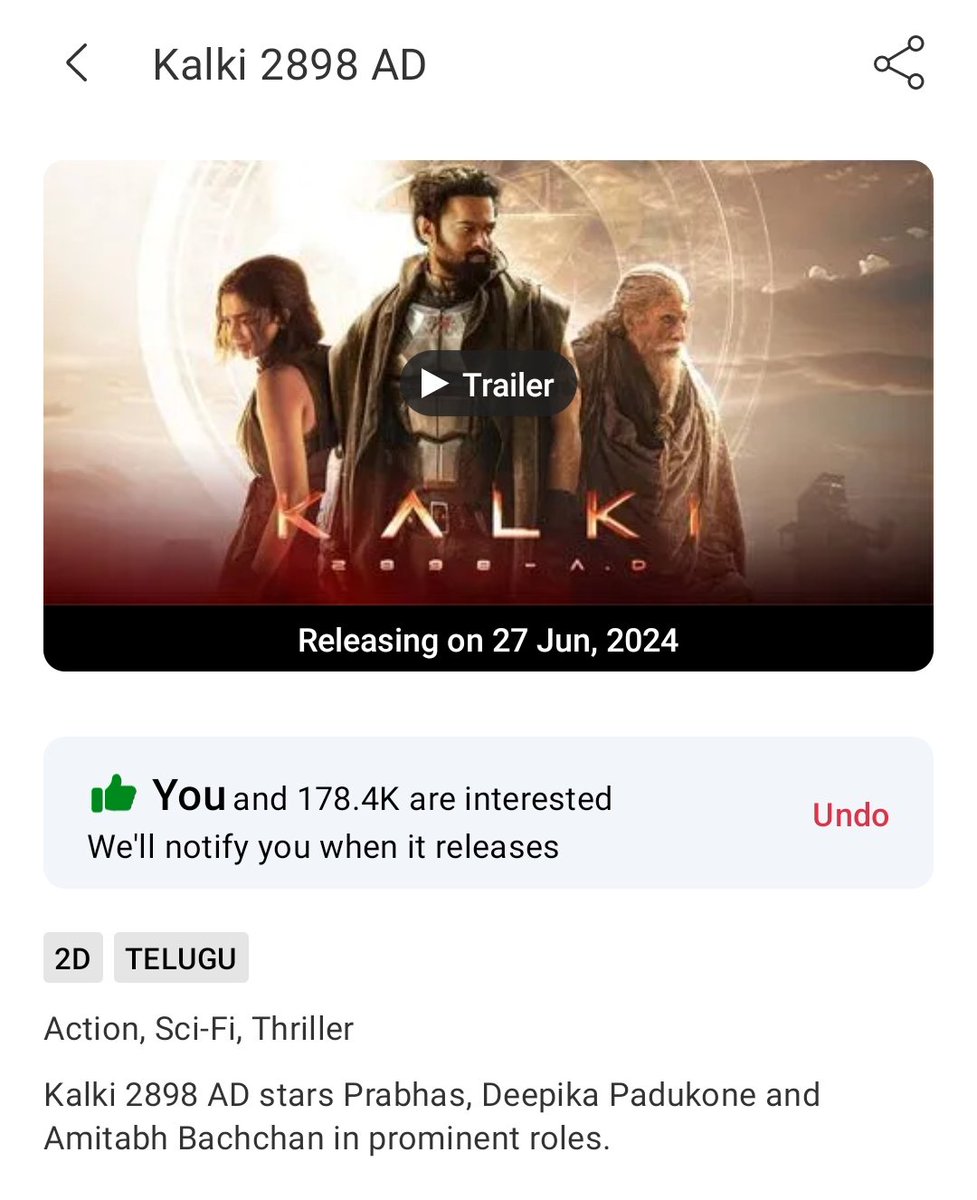 Only Telugu language is being displayed on BMS..!! Please look into this & upgrade other languages too. @Kalki2898AD

Mark your intrest to get notified when bookings opens. - in.bookmyshow.com/nandyal/movies… @Bookmyshow

#Kalki2898AD #Prabhas 
#Kalki2898ADonJune27