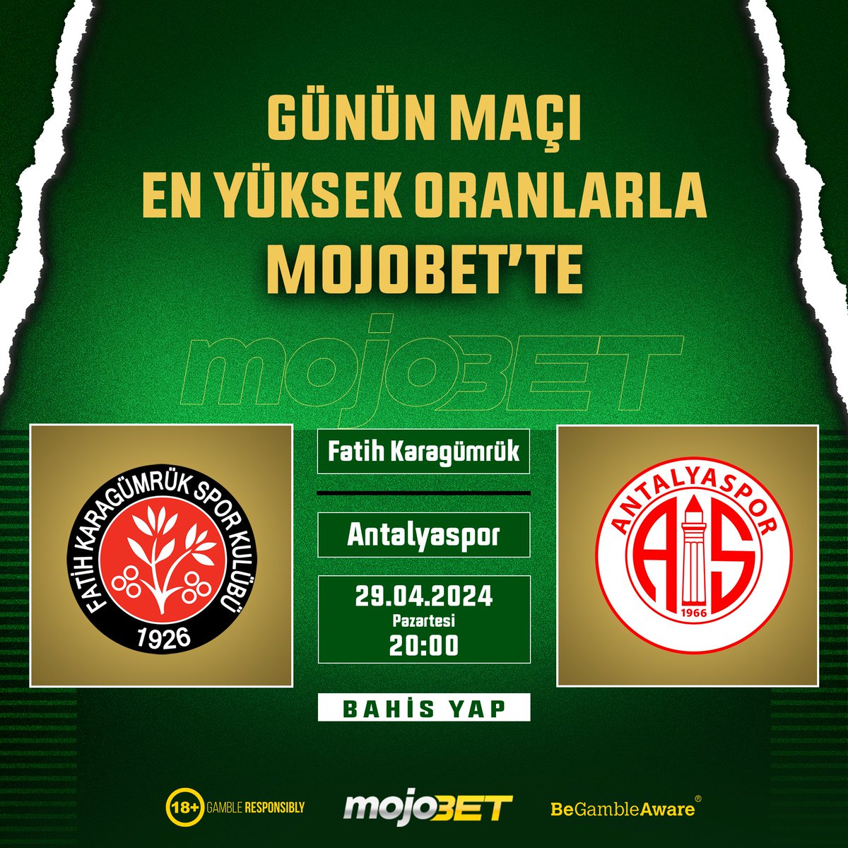 ⚽️ En Yüksek Oranlarla Günün Maçı⚽️ 🏆 Fatih Karagümrük - Antalyaspor 🗓 29.04.2024 Pazartesi ⏰ Saat: 20:00 🏆 Futbol'un Kalbi Mojobet'te Atıyor. 🔗 MOJOBET GİRİŞ: t2m.io/mojososyal