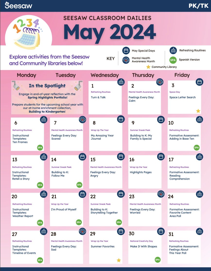 May Classroom Dailies are here! ☀️

Dailies are monthly calendars filled with ready-to-use activities and lessons from our Resource Library! Choose your grade level below to get started. 

➡️ issuu.com/seesawlearning…