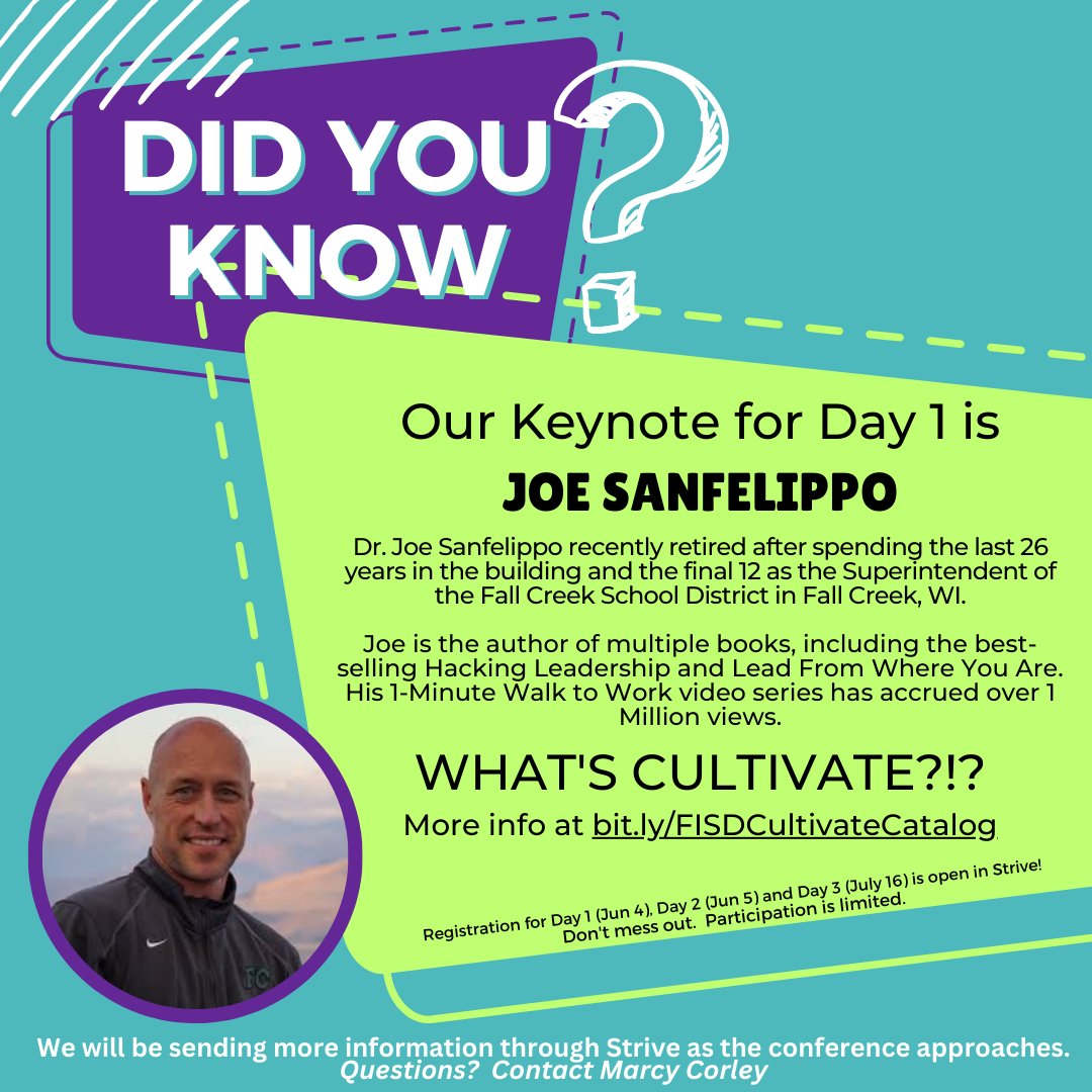 Hey...FISD - Have you heard about our Cultivate '24 Day 1 Keynote speaker?!? We will open our summer conference with Joe Sanfelippo. He is one you will not want to miss. @Joe_Sanfelippo 

👉Check out our session guide - bit.ly/FISDCultivateC… !

Sign up in Strive TODAY!😎