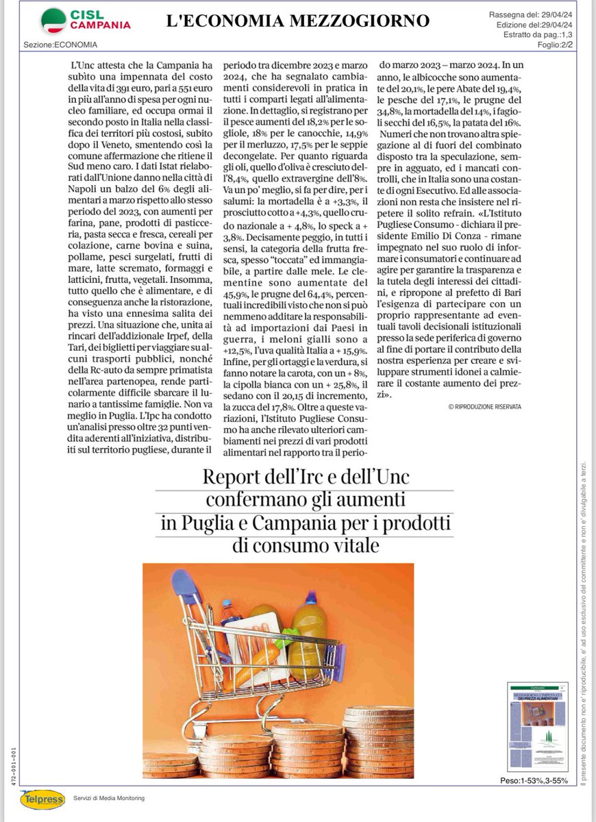 Mezzogiorno, l’impennata dei prezzi alimentari per i prodotti di consumo vitale.
L’indagine in #Puglia e #Campania 
#Adiconsum #carovita