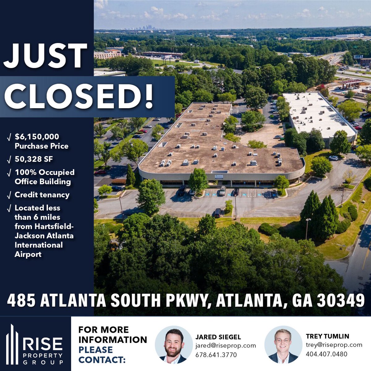 Excited to announce the closing of 485 Atlanta South Parkway, a stabilized office building within close proximity to the Atlanta Airport. Rise represented the Purchaser on this transaction. This acquisition completes an assemblage of three, 100% occupied office buildings.