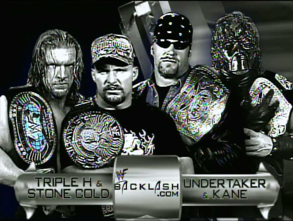 4/29/2001

The Two Man Power Trip defeated The Brothers of Destruction to become the new WWF Tag Team Champions at Backlash from the Allstate Arena in Chicago, Illinois.

#WWF #WWE #Backlash #TwoManPowerTrip #StoneColdSteveAustin #TripleH #TheBrothersOfDestruction #Undertaker